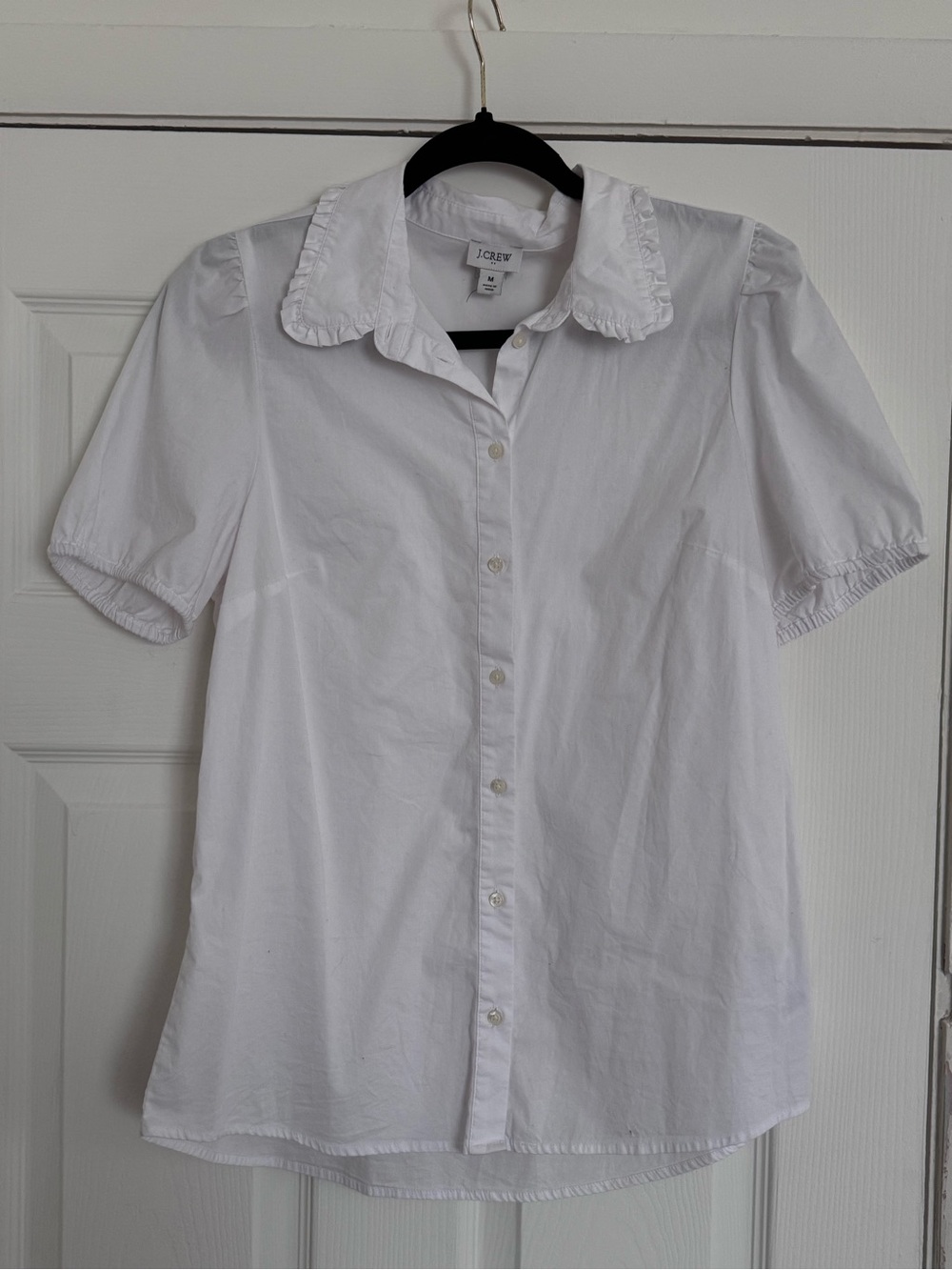 J. Crew White Ruffle Collar Short-Sleeve Button-Down Shirt